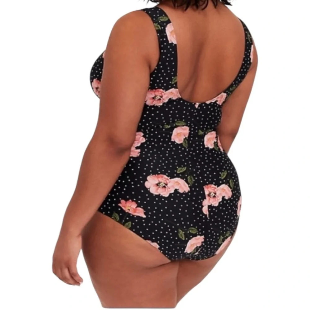 Torrid Floral & Polka Dot Tie Front Waist Wireless One Piece Swimsuit Size 3X - Picture 4 of 16
